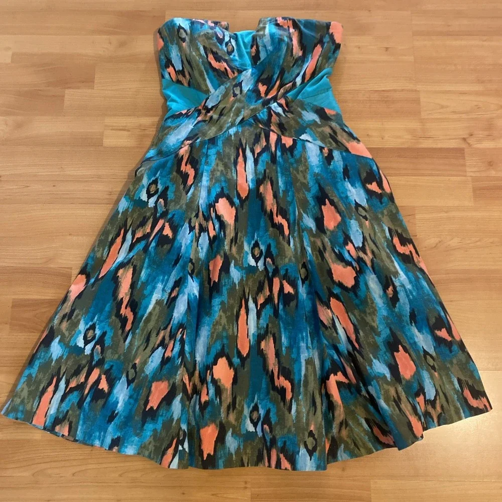 Anthropologie Girls From Savoy Teal‎ Painted Ikat Flared Strapless Dress Size 8